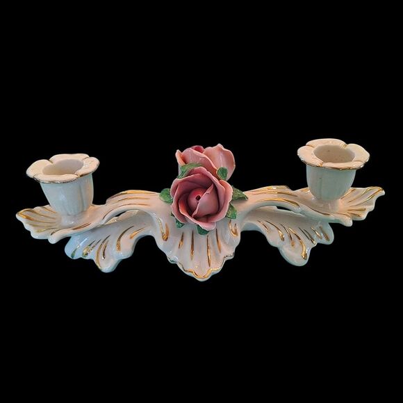 Vintage Dresden Double Candelabra Roses Candlestick Holder Capodimonte Style - Picture 1 of 14